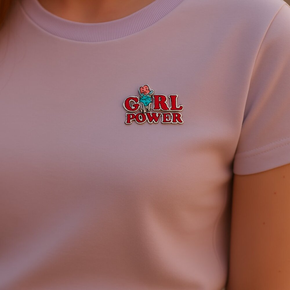 Girl Power Red Rose Enamel Pin Brooch · Red Silver Tone · 1 ½ Inch Wide · New